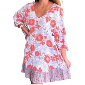 Uncle Frank Floral Ruffle Mini Dress‎ V Neck Bell Sleeve Orange White Blue Large